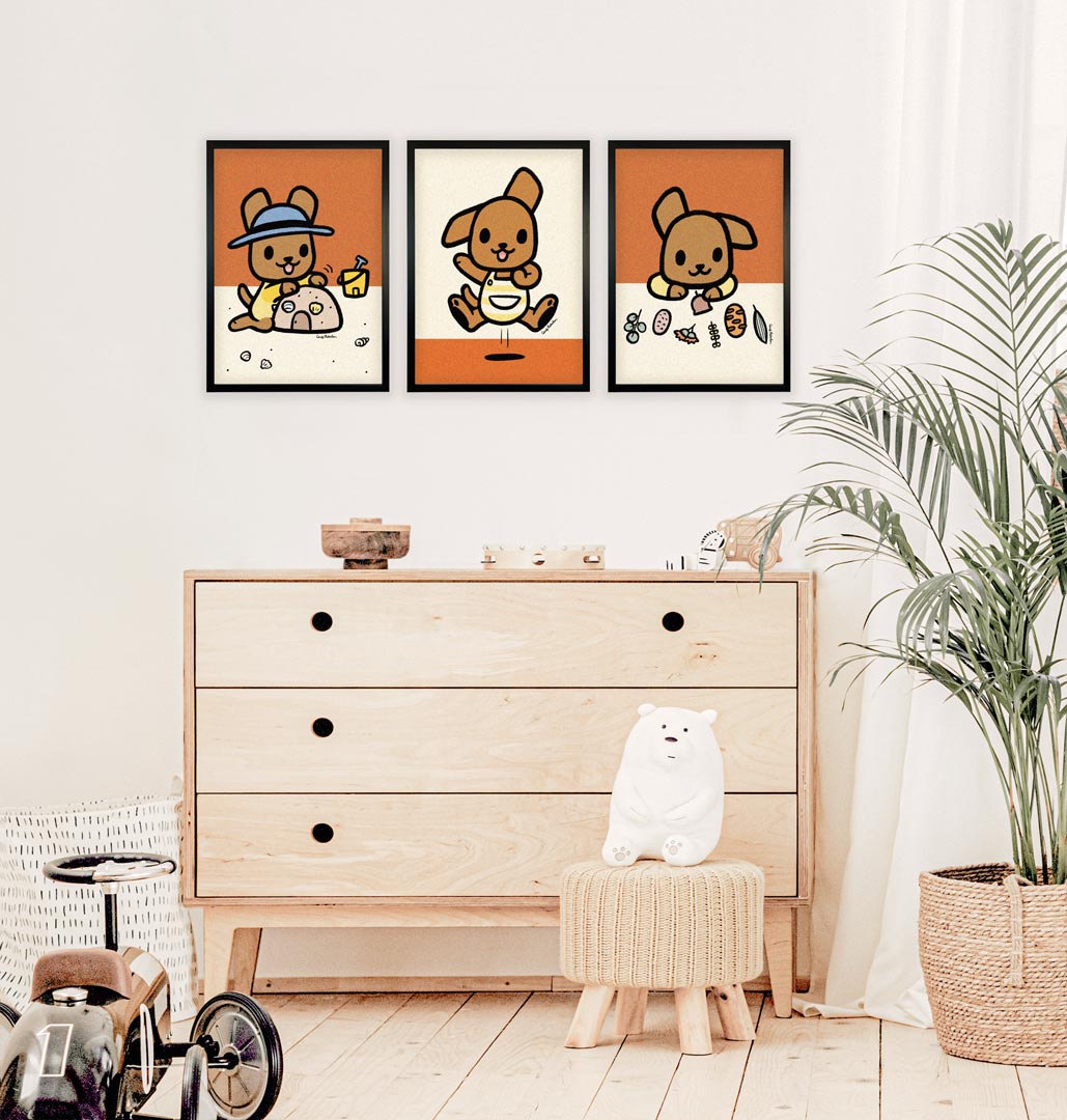 Sleek and whimsical kangaroo wall art collection, designed to inspire young minds