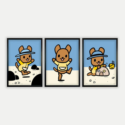 Whimsical wall art prints for kids building sandcastles by the beach